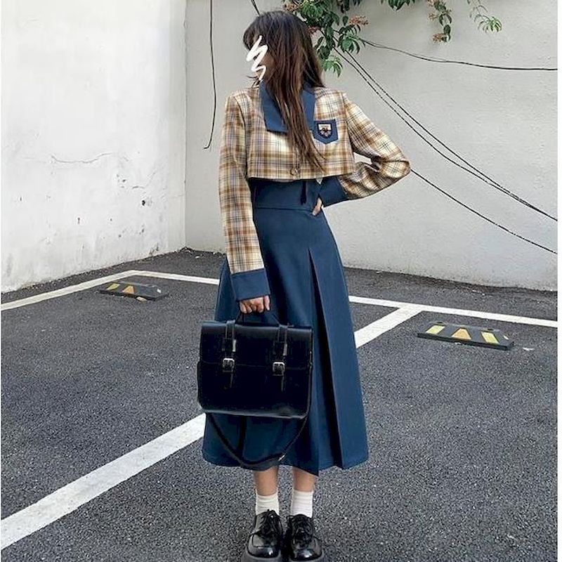 Two Piece Dress Fashion Blazer Skirt Set Women College Style Autumn Slim Plaid Suit Jacket High Waist Pleated Sling Skirts 2 Sets Woman 230222