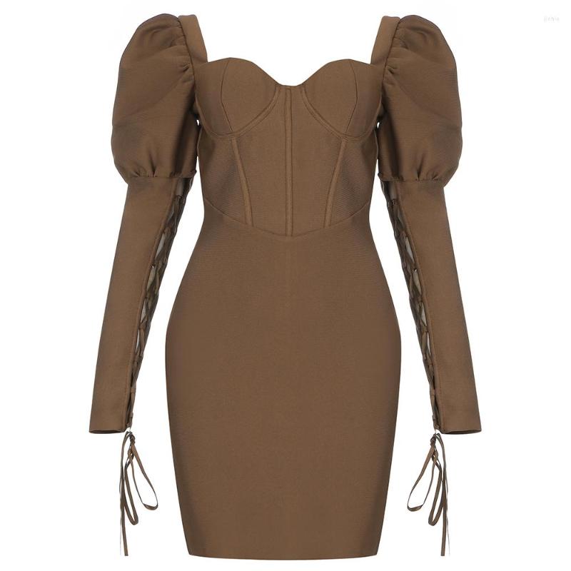 Casual Dresses Bodycon Bandages Dress Women 2023 Winter Draw String Sexy Puff Sleeve Celebrity Club Party Mini