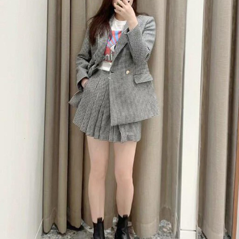 Two Piece Dress Wool Thousand Bird Grid Suit Coat for Women 2023 France Double Breasted Long Sleeve Pleated Skirt Free Freight 230222