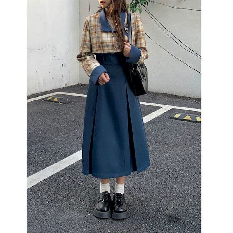 Two Piece Dress Fashion Blazer Skirt Set Women College Style Autumn Slim Plaid Suit Jacket High Waist Pleated Sling Skirts 2 Sets Woman 230222