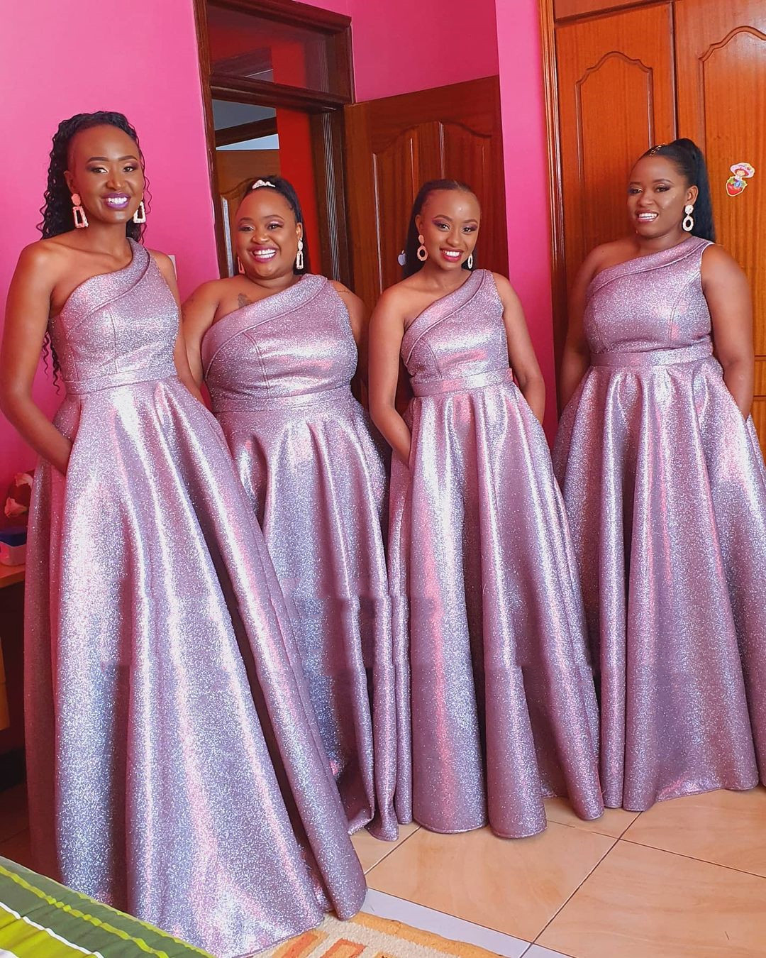 Bling Sequin One Shoulder Bridesmaid Dresses African A Line Elegant Vestidos 2023 Pocket Long Party Wedding Guest Dress Gown