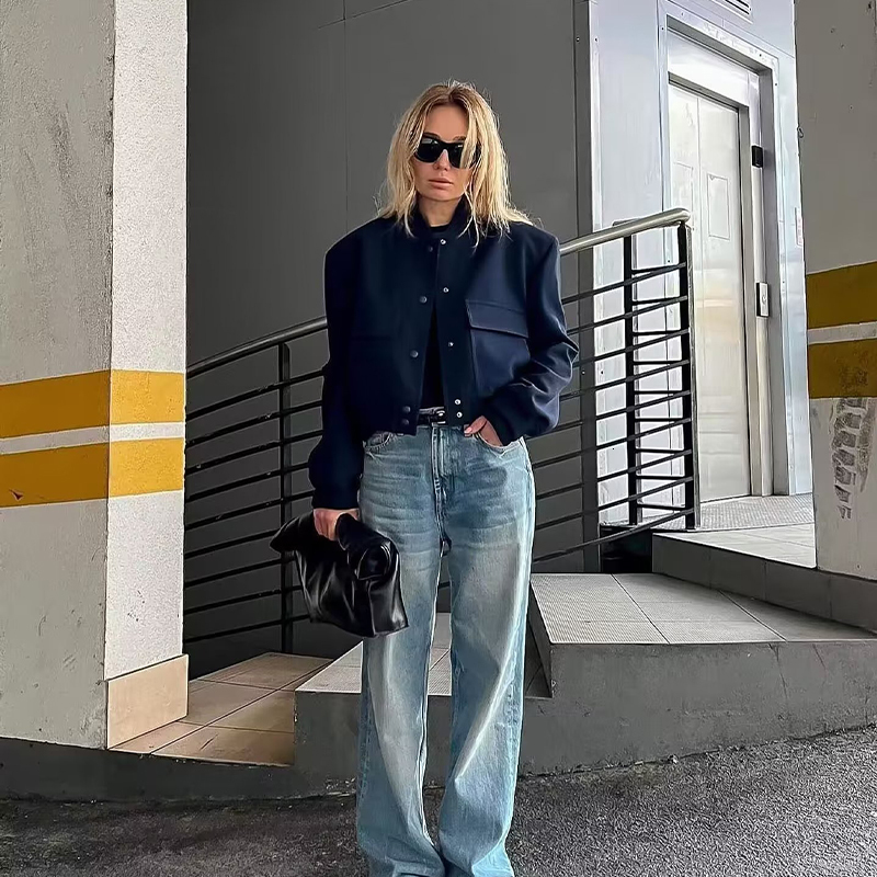 Womens Jackets Dark Blue Cropped Women Long Sleeves Big Pockets Chic Lady High Street Casual Coats Top Female 230222