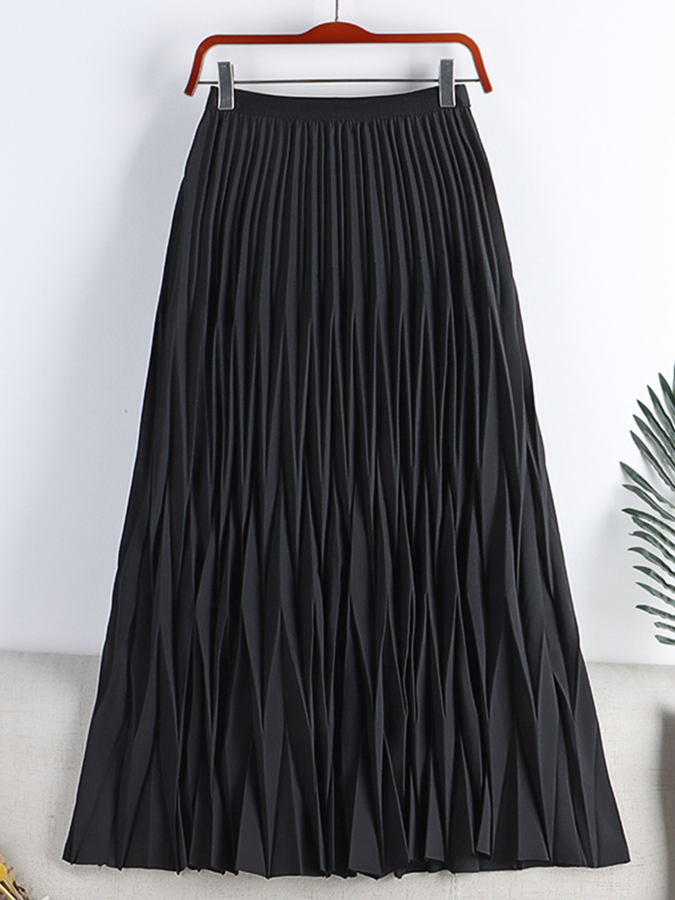 Casual Dresses TIGENA Fashion Rhombus Pleated Long Skirt Women Casual Solid All-match A Line High Waist Midi Skirt Female Ladies Black 230222