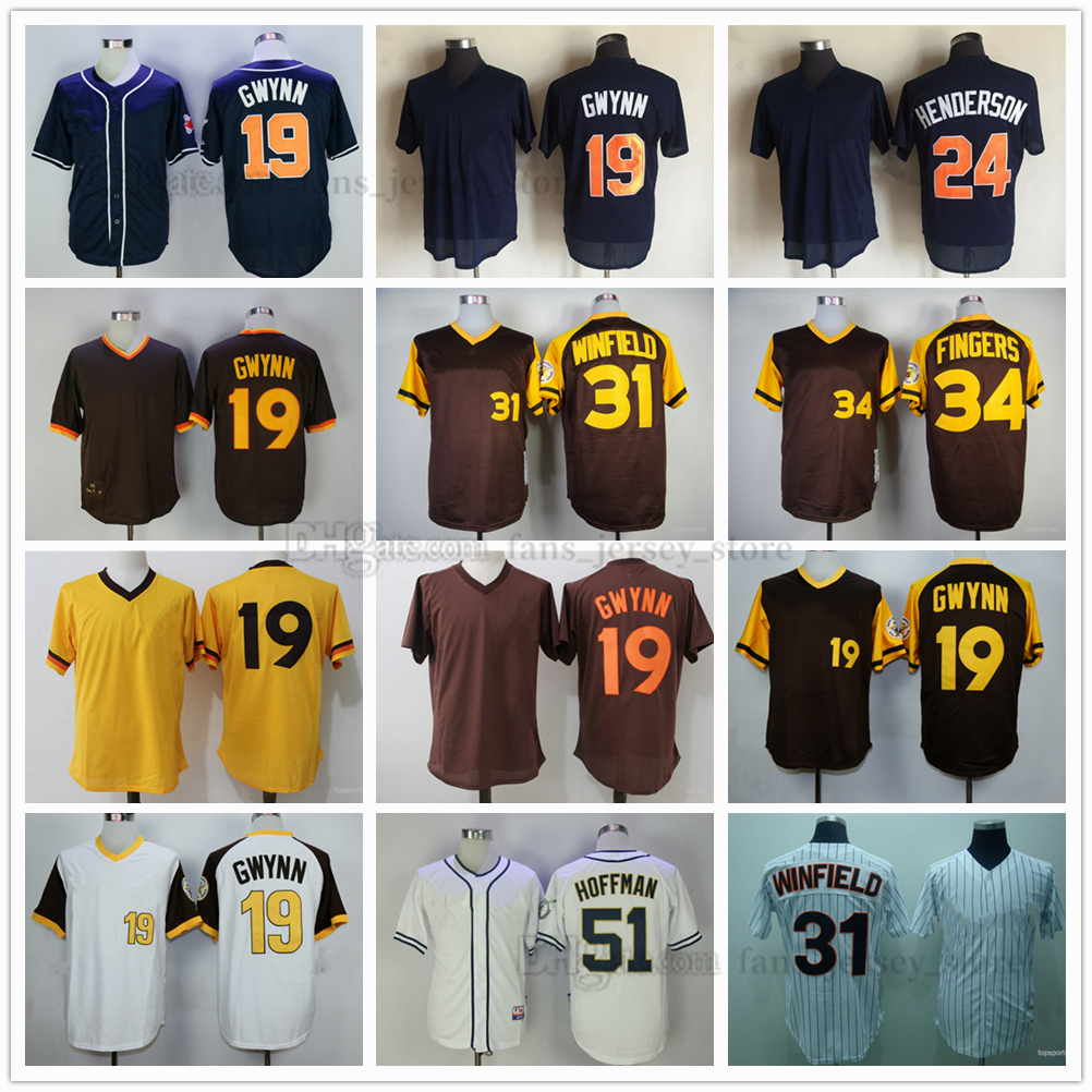 Movie Baseball Jerseys 19 Tony Gwynn 24 Rickey Henderson 31 Dave Winfield 34 Rollie Fingers 51 Trevor Hoffman 1998 Stitched Jersey