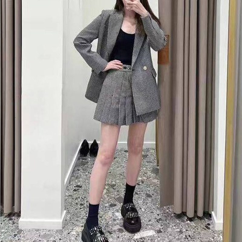 Two Piece Dress Wool Thousand Bird Grid Suit Coat for Women 2023 France Double Breasted Long Sleeve Pleated Skirt Free Freight 230222