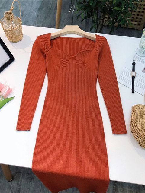 Casual Dresses Square Neck Ribbed Thicken Warm Knitted Dresses Women Long Sleeve High Stretch Basic Bodycon Dress Streetwear C-121 230222