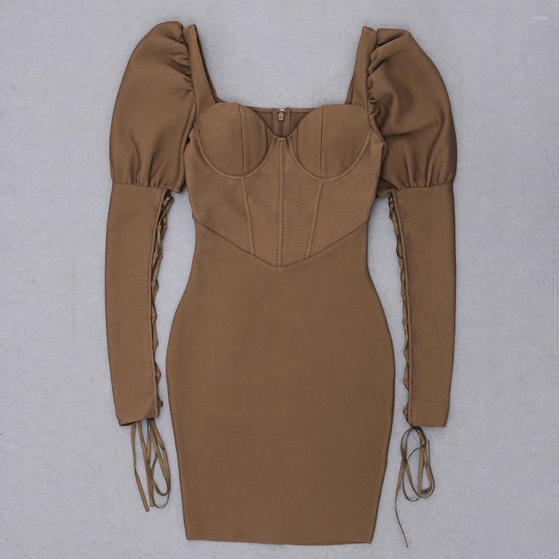 Casual Dresses Bodycon Bandages Dress Women 2023 Winter Draw String Sexy Puff Sleeve Celebrity Club Party Mini