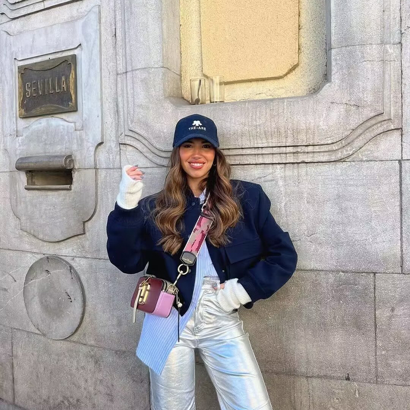 Womens Jackets Dark Blue Cropped Women Long Sleeves Big Pockets Chic Lady High Street Casual Coats Top Female 230222