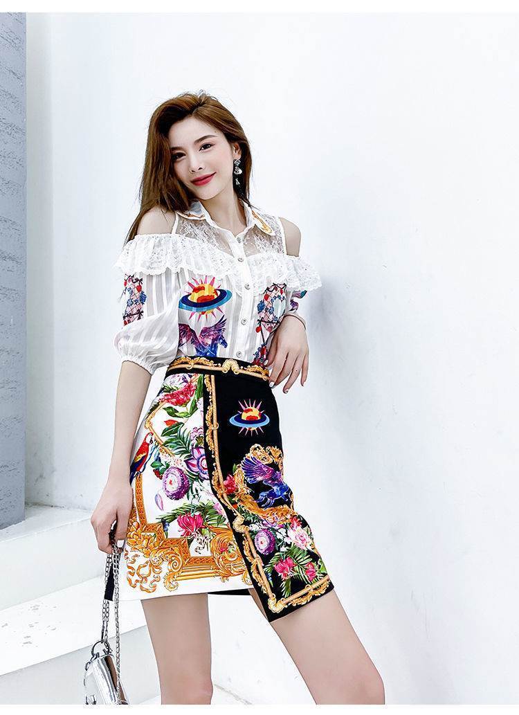 Two Piece Dress Women Spring Summer Ruffles Lace Shirts Half Sleeve Patchwork And Vintage Print Skirts Suit Party Clothing Sets NS644 230222