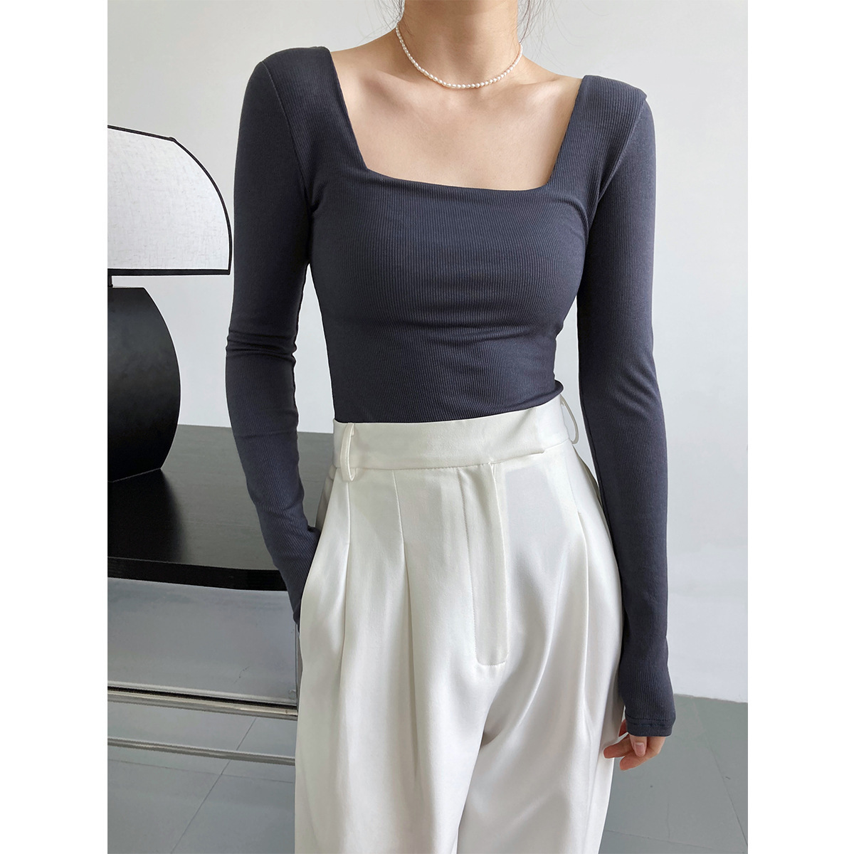 Women's Knits Tees Long-sleeved square-neck t-shirt women's slim-fit exposed collarbone low-neck short top bottoming shirt 230222