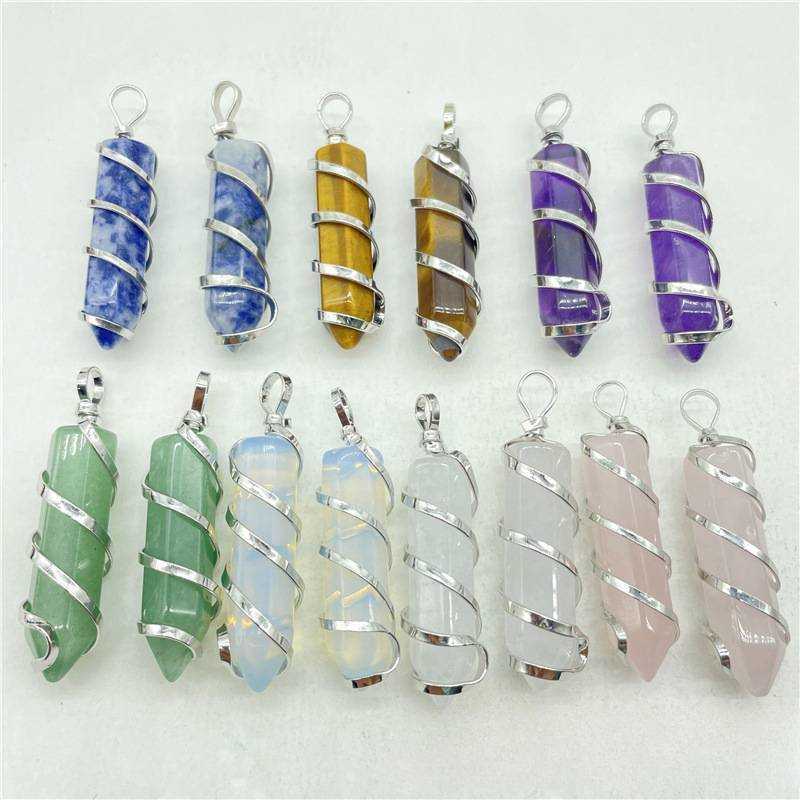 Wholesale Bulk Natural Crystal Handmade Wrapped Healing Hexagonal Pendant For Women