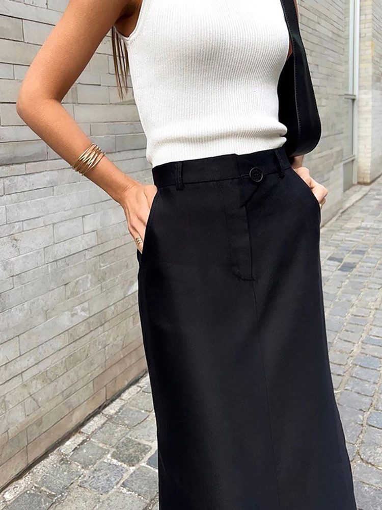 Casual Dresses Taruxy Black Skirt Women Autumn Streetwear High Waisted Pencil Long Skirts Dress Femme Casual Split Vintage Silk Skirt 230222