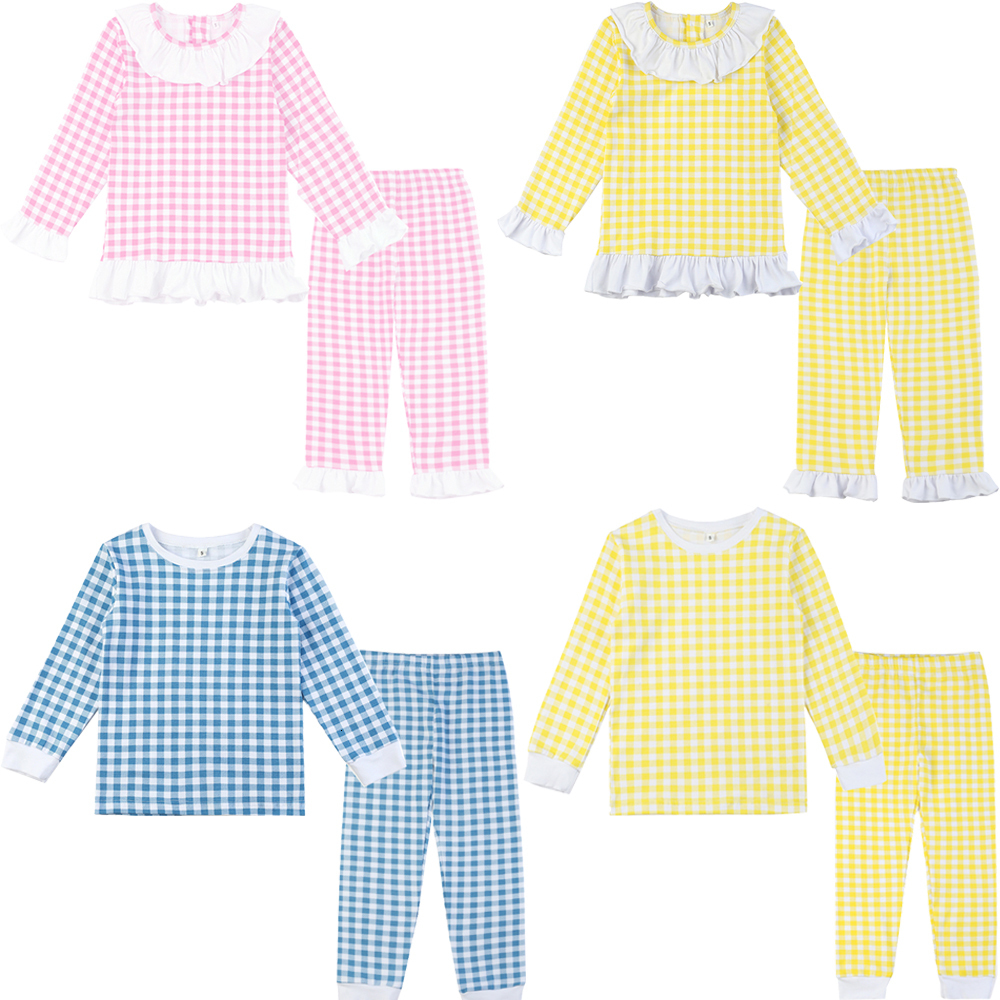 Pajamas 95% Cotton Boys And Girls Two Piece Long Set Lemon Frill Checked Kids Clothing Easter Pyjamas 230222