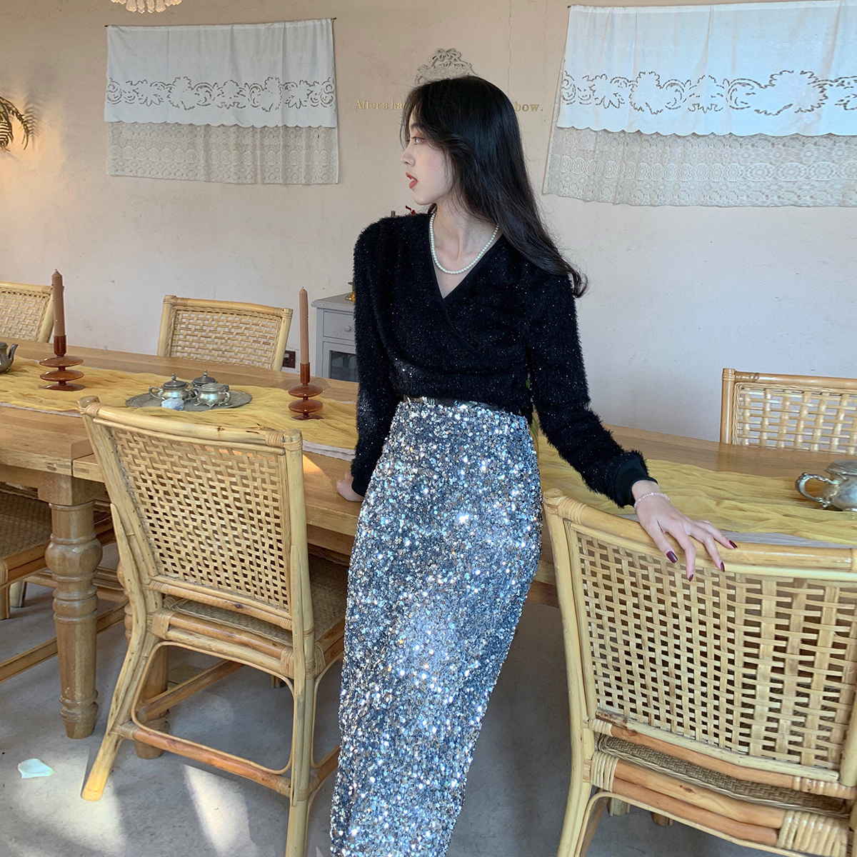 Casual Dresses Spring Autumn High Waist Sequin Skirt Womens Sequined MID Skirt Bodycon Pencil Skirt Short Wrap Skirt For Office Lady Sidaimi 230222