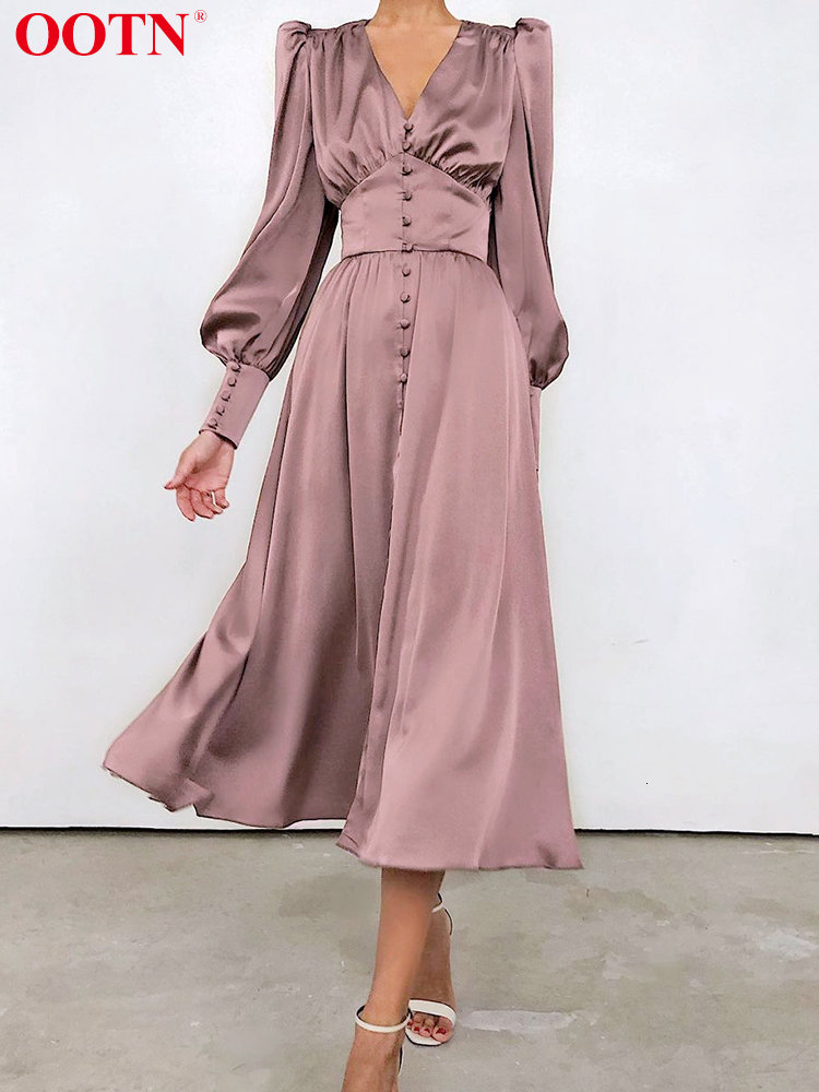 Casual Dresses OOTN White Single Breasted Elegant Dress For Women Party Robe High Waist Satin Long Dress Chic Midi Dresses Lantern Sleeve 230223