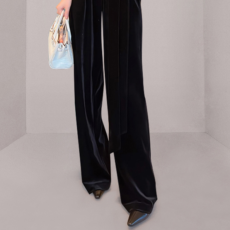 Women's Jumpsuits Rompers JSXDHK Runway Elegant Autumn Winter Velvet Jumpsuit For Women V Neck High Waist Long Sleeve Lace Up Belt Wide Leg Rompe