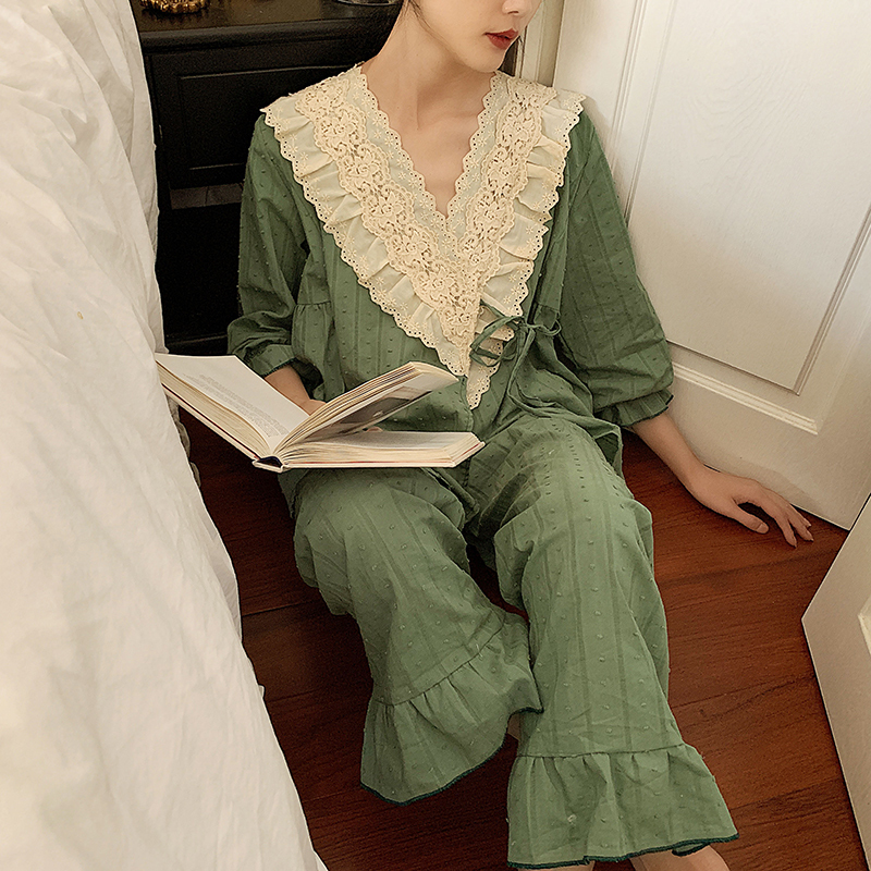 Women's Sleepwear 3 Colors Women's Princess Flower Embroidered Lace Pajama Sets.Vintage Lace up Pyjamas Suit.Ladies Home Sleepwear Nightclot