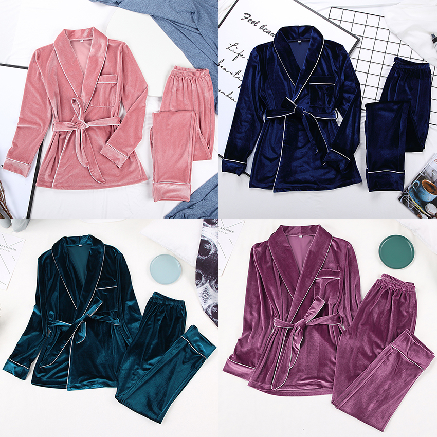 Women's Sleepwear HECHAN Gray Velvet Pajamas Warm Long Sleeve Home Suit For Women Two Piece Set Thick Sleepwear Set Night Suit Sets Autumn Female