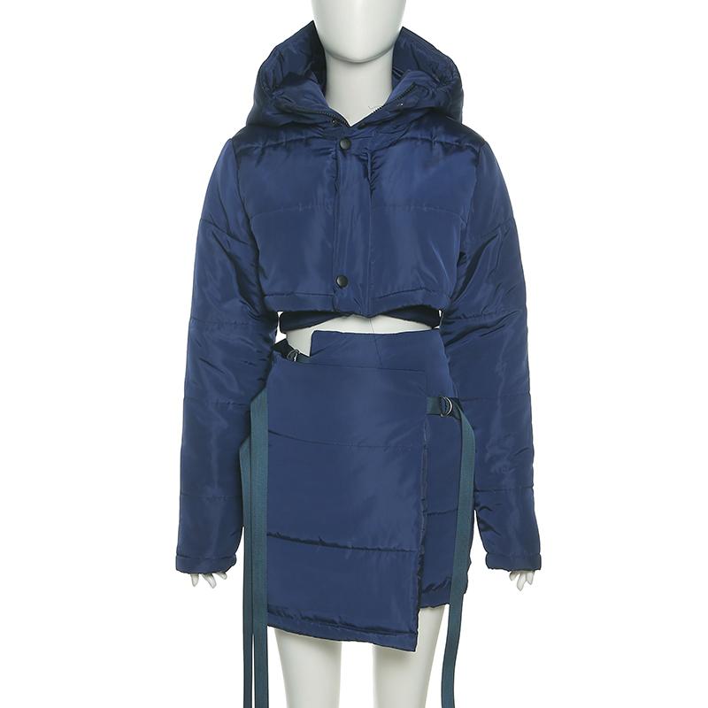 Two Piece Dress 2Pcs Women Winter Outfits Solid Color Thick Hooded Long Sleeves Coat High Waist Miniskirt Suit For Girls Blue/Army GreenTwo