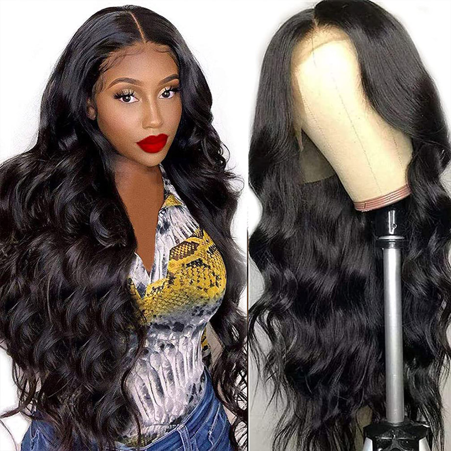 

HD Transparent Lace Wavy Frontal Wig Human Hair Pre Plucked Brazilian Body Wave Lace Front Wigs With Baby Hair 180% Density, Black