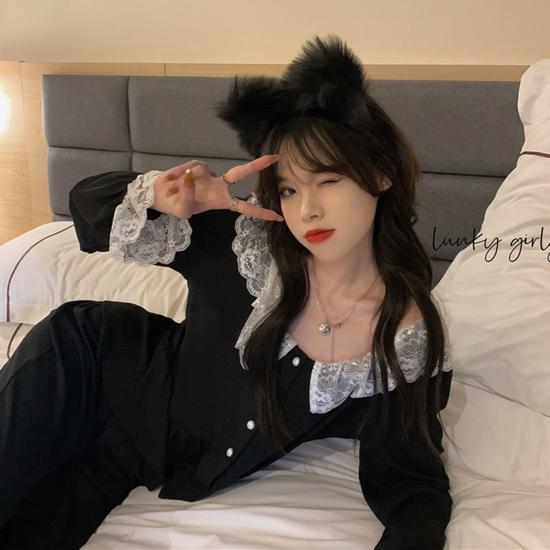 Women's Sleepwear Sexy Gentle Ins Pajama Sets Women Black Lace Patchwork Nighty Simple Soft Tender Single Breasted Retro Outdoor Nightwear 230223