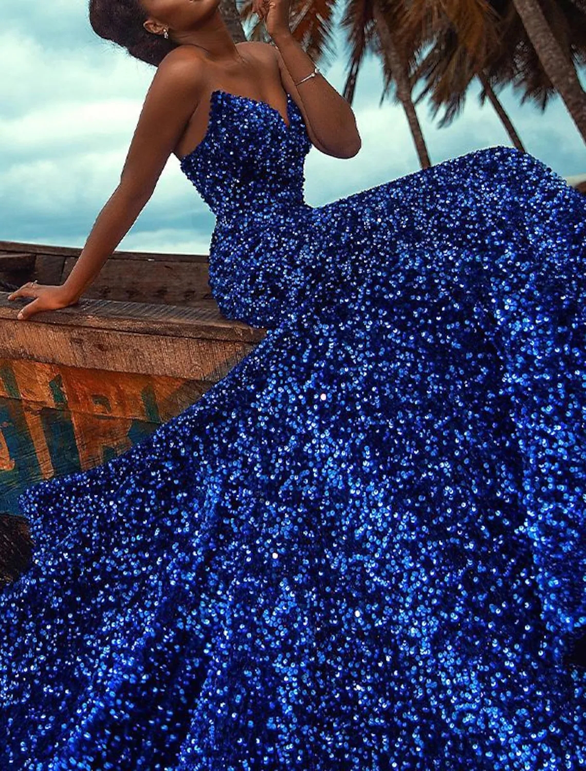2023 Royal Blue Evening Prom Dress Sleeveless Strapless Sequined Lace Up Long Formal Party Gowns Sexy Abendkleider Robe De Soiree