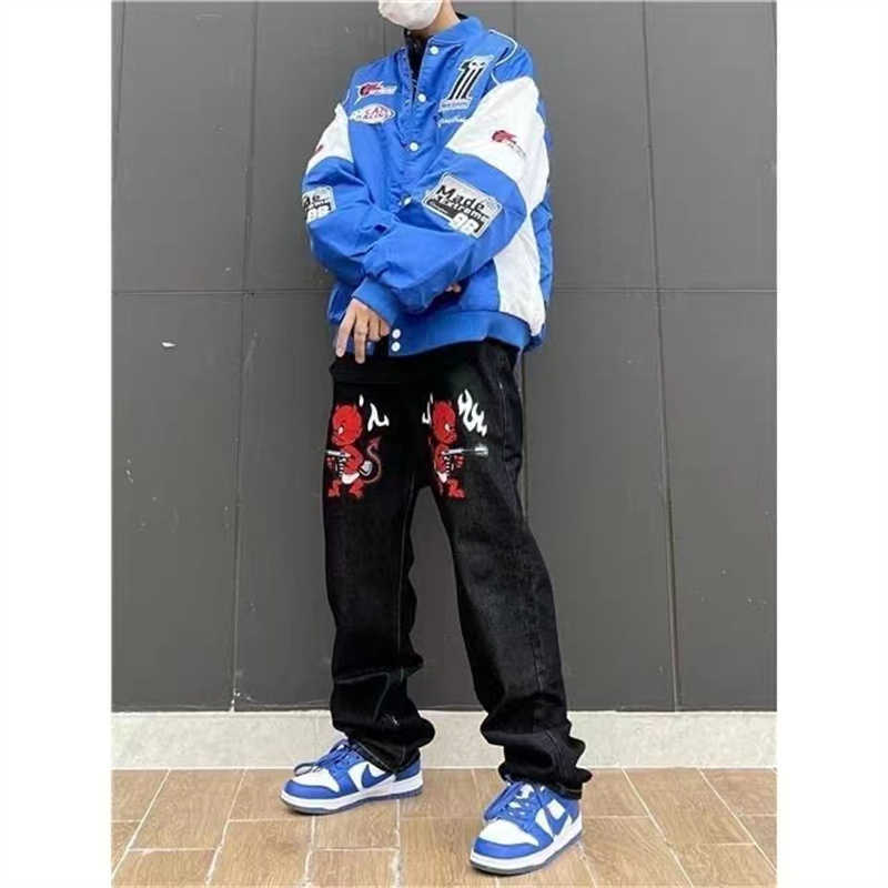 Men's Jeans Y2K Korean Men Women Black Harajuku Cartoon Straight Denim Grunge Trousers Jeans Print Baggy Jean Pants Streetwear Brand Clothes W022