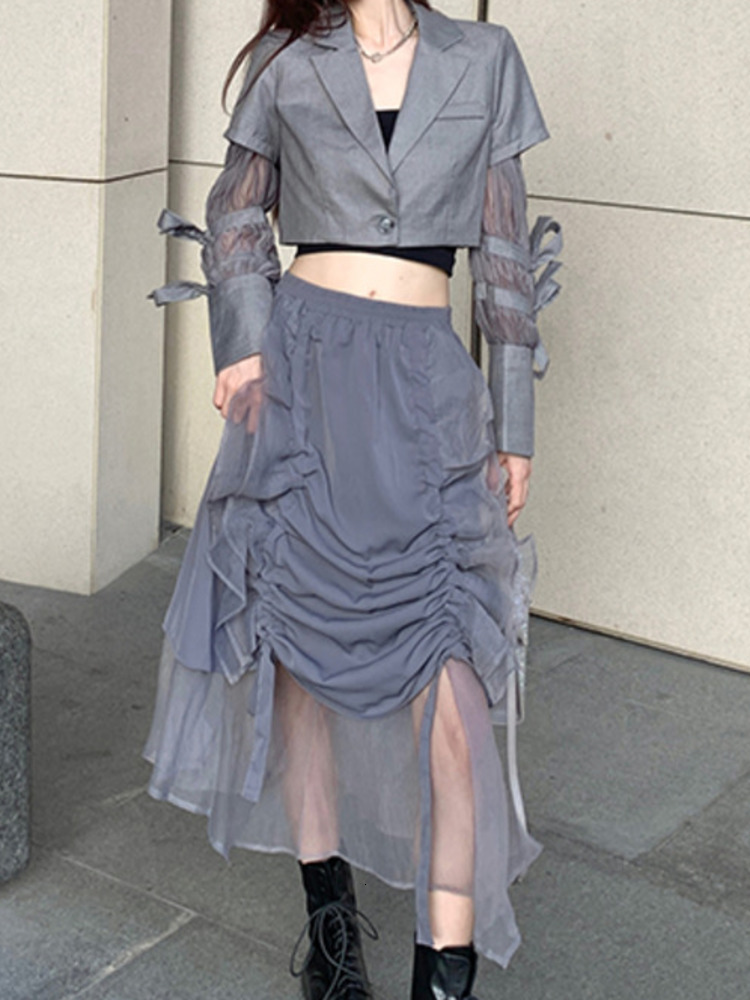 Two Piece Dress DEAT Fashion Women's 2 Pcs Set Notched Collar Single Button Spliced Lace Short Coat High Waist Pleated Skirt Spring 2023 17A6363 