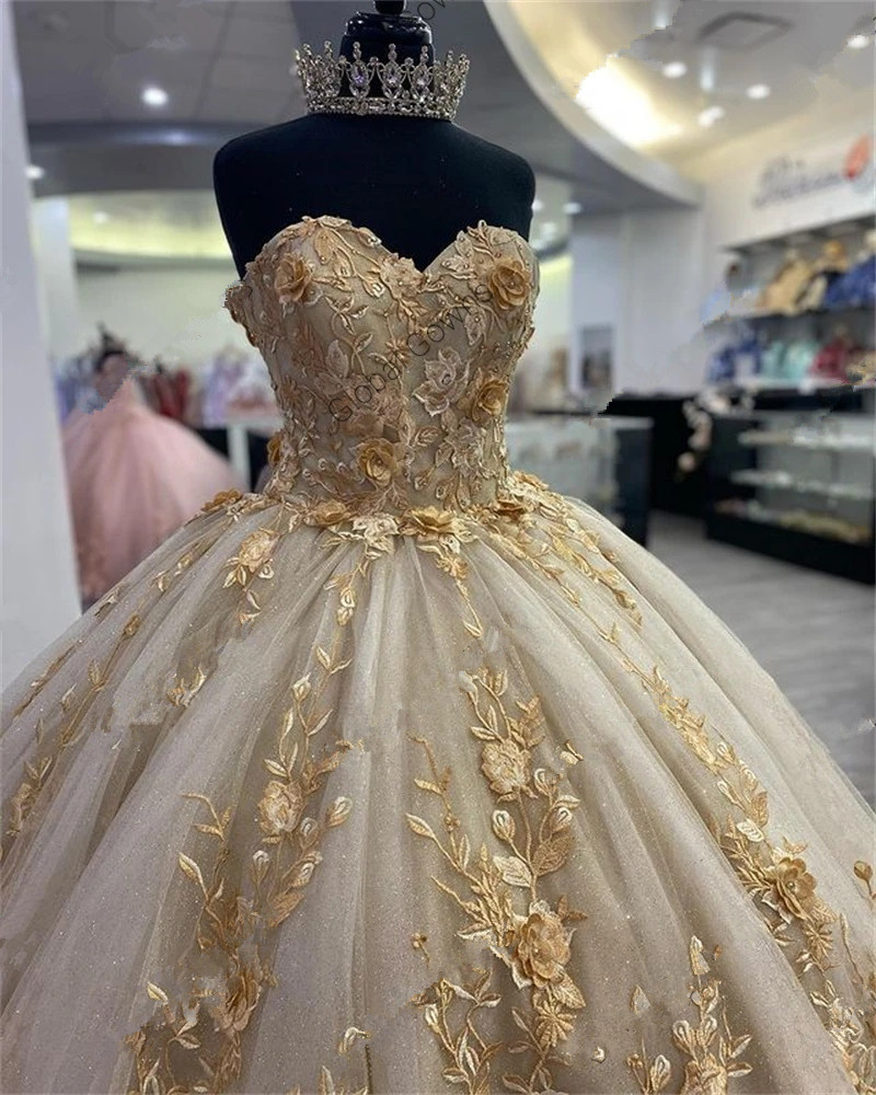 Champagne gold princess Quinceanera Dresses For Girls Beaded Appliques lace-up corset Prom Birthday Dresses Vestido De 15 Anos