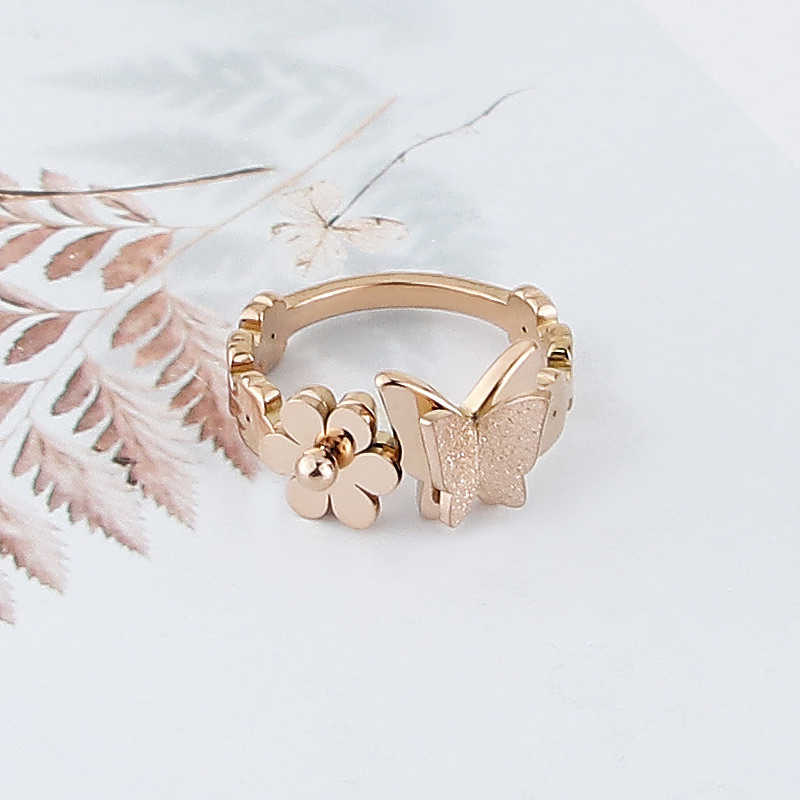 Band Rings New Arrival Beautiful Flower And Frosted Butterfly Ring For Women Stainless Steel Gold Color Jewelry Gift Brand Ring Wholesale G230213