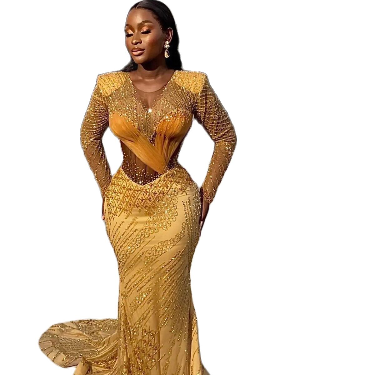 Shiny Gold Mermaid Prom Dresses Sheer O Neck Lace Sequins Long Sleeve Evening Dress Pleated Gowns