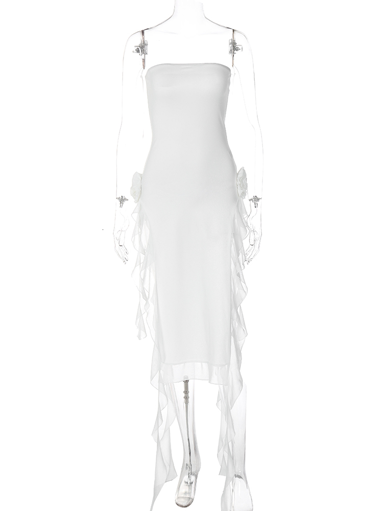 Casual Dresses Hugcitar Mesh Patchwork Ruffle Appliques Women Tube Midi Dress Side Slit Bodycon Sexy Streetwear Party Elegant Birthday Y2K 230223