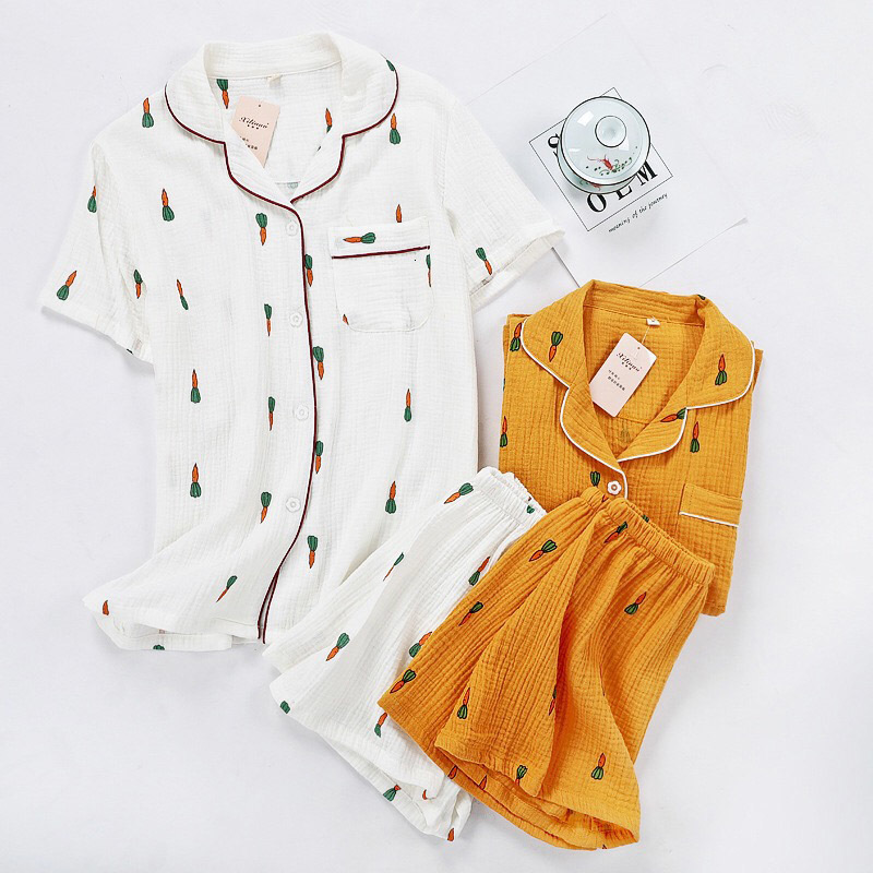 Women's Sleepwear Women Pajamas Set Summer Comfort Gauze Cotton Turn-down Collar Sleepwear Set Ladies Thin Loose Cartoon Carrot Printed Homewear 