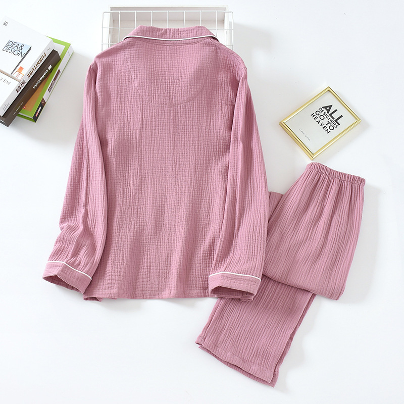 Women's Sleepwear spring and autumn pure cotton crepe cloth couple soft and breathable men long-sleeve simple home service women two piece set 23