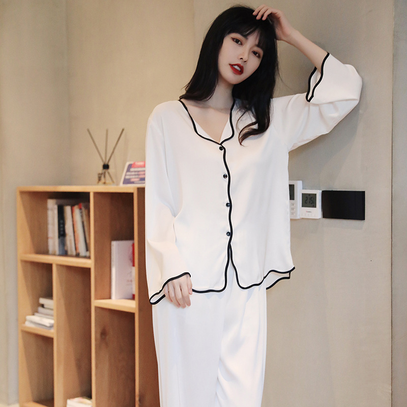 Women's Sleepwear Pajamas Women Sleepwear Spring Summer Thin Ice Silk Satin Loungewear Trouser Suits Solid White Black Edge Long Sleeve Home Wear