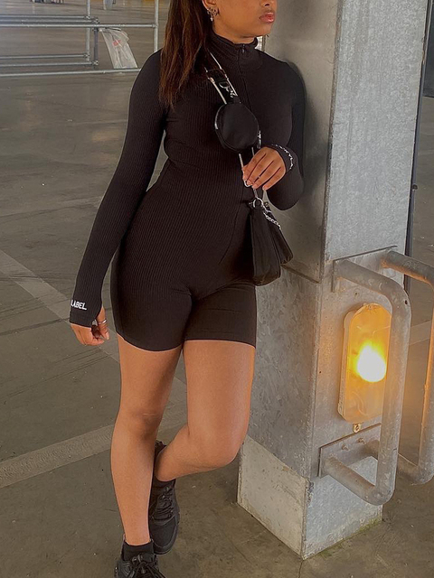 Women's Jumpsuits Rompers Sibybo Ribbed Turtleneck Sport Wear Casual Jumpsuit Women Letter Embroidery Skinny Sexy Playsuit Female Fitness Rompers