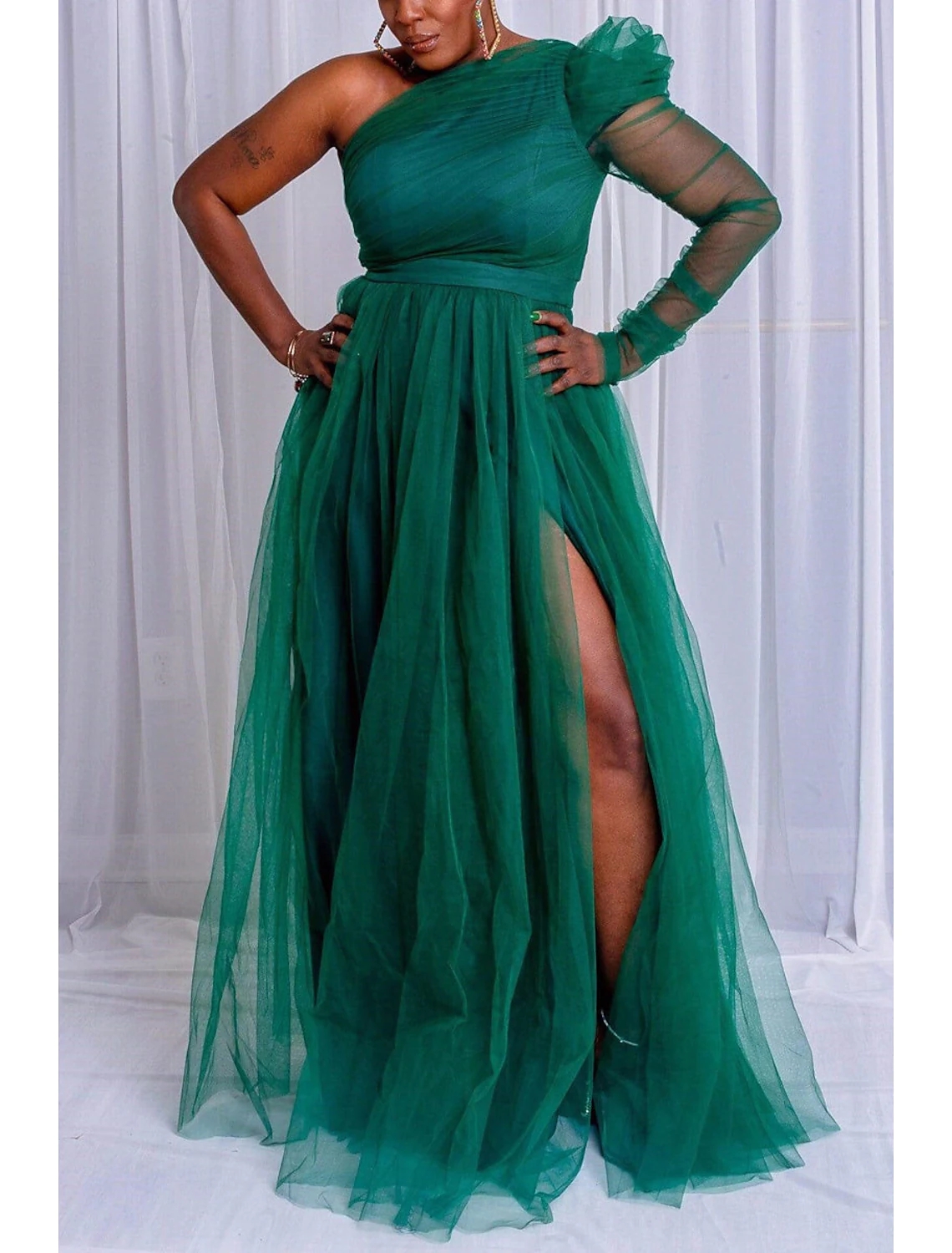2023 A-Line Blue Evening Prom Dress Long Sleeve One Shoulder Slit Formal Party Gowns Abendkleider Robe De Soiree