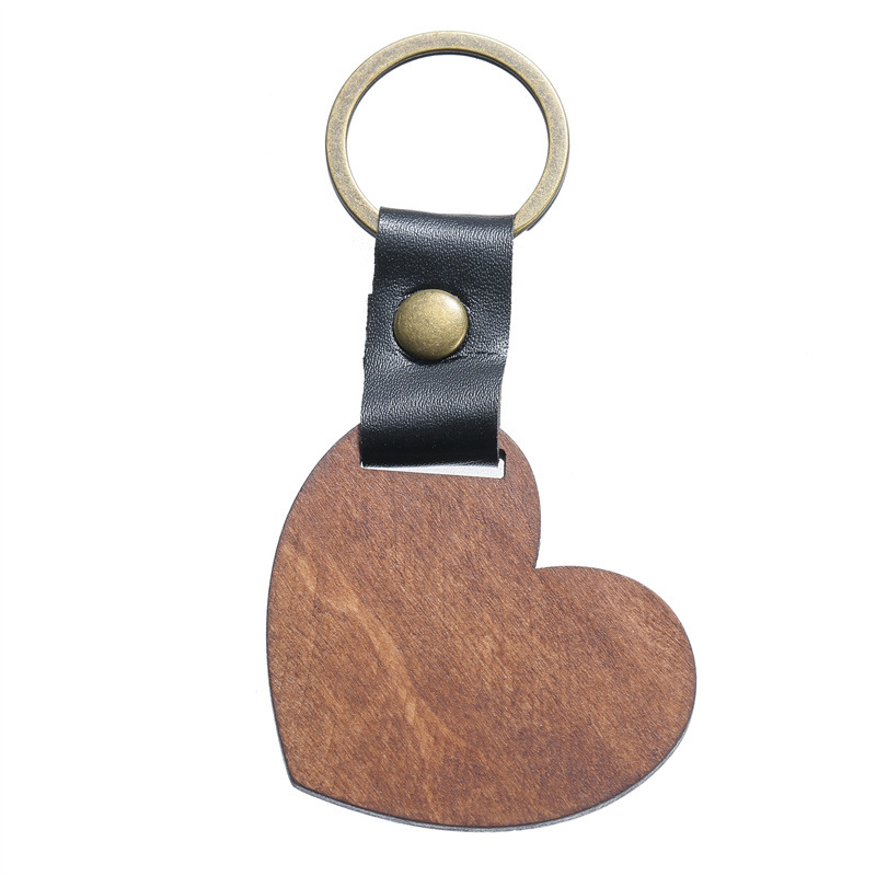 Keychains Lanyards Diy Wooden Keychain Blank Carved Leather Wood Pendant Decorative Heart Round Key Chain Keyring