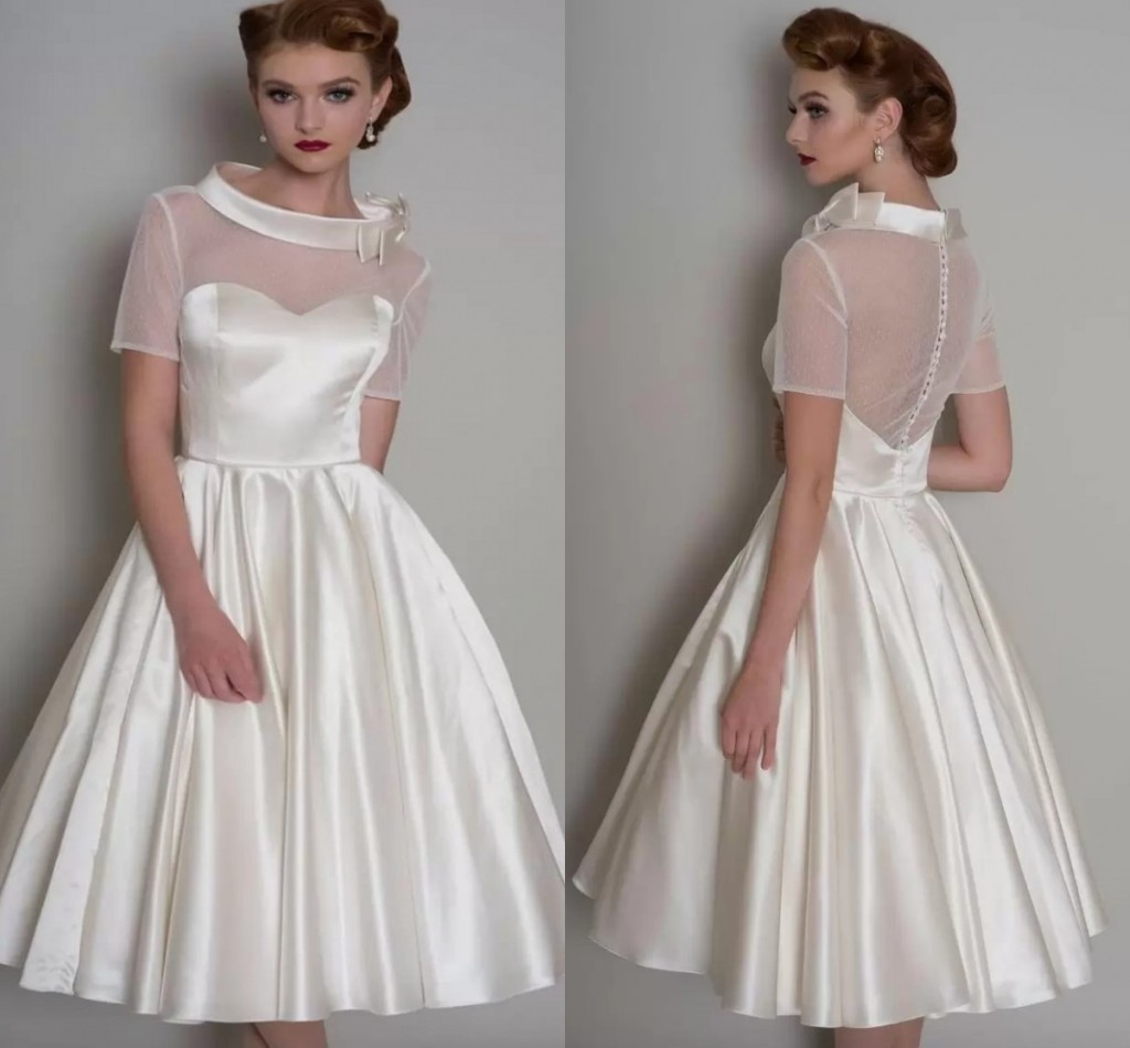 Elegant A-line Short Wedding Dress 2023 For Bride Sleeves O-Neck Illusion Back Tulle Satin Bridal Gowns Vestidos De Noiva