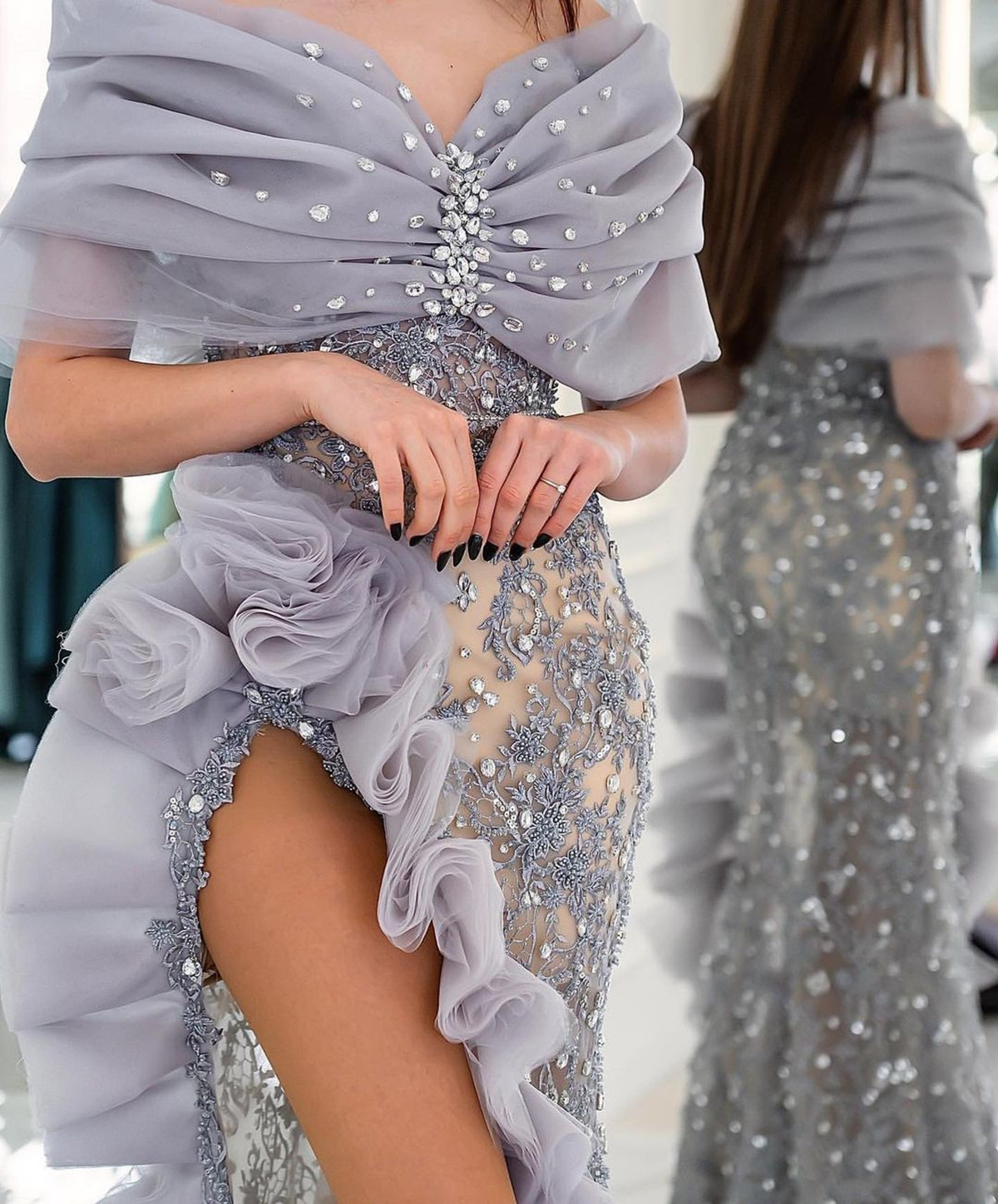 Luxury Beading V Neck Mermaid Evening Dresses Elegant Off The Shoulder Prom Dress Ruched High Side Split Formal Party Gowns