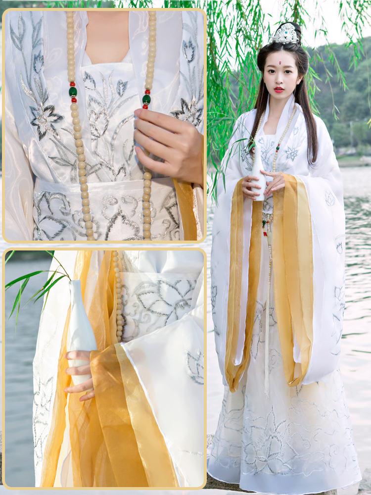 Ethnic Clothing TV Film Ancient White Embroidered Avalokitesvara Clothes Mazu Hanfu Suit Modeling Stage Performance Costume Guan Yin Garment
