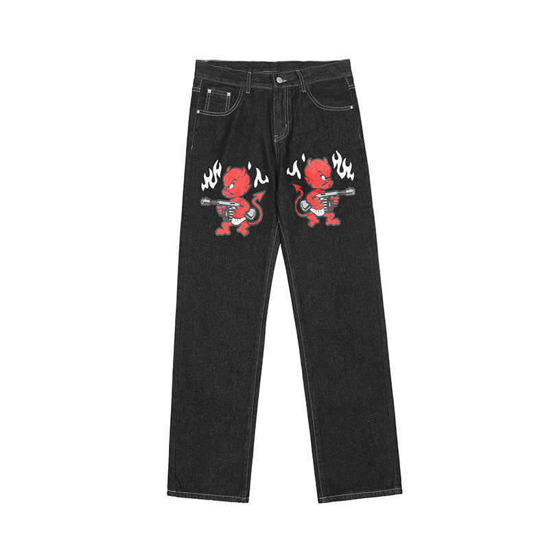 Men's Jeans Y2K Korean Men Women Black Harajuku Cartoon Straight Denim Grunge Trousers Jeans Print Baggy Jean Pants Streetwear Brand Clothes W022
