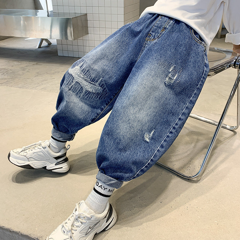 Jeans Kids Boys Jeans Fashion Clothes Classic Pants Denim Autumn Children's Teen Boys Casual Ripped Broken Long Trousers 5-14Years Old 230223