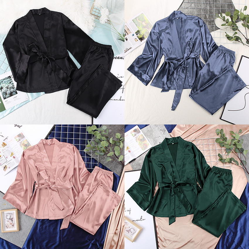 Women's Sleepwear HECHAN Solid Women Robes With Sashes 2 Piece Set Wrist Sleep Tops Satin Pants Loose Pajamas Casual Sleepwear Female Home Suits 