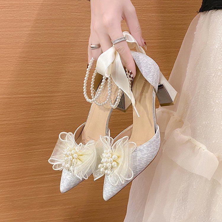 Dress White Beaded Bow for Women Sandals 5cm Summer Fairy Wind New Pointed Pink High-heeled Tie Chunky Heel Wedding Shoes