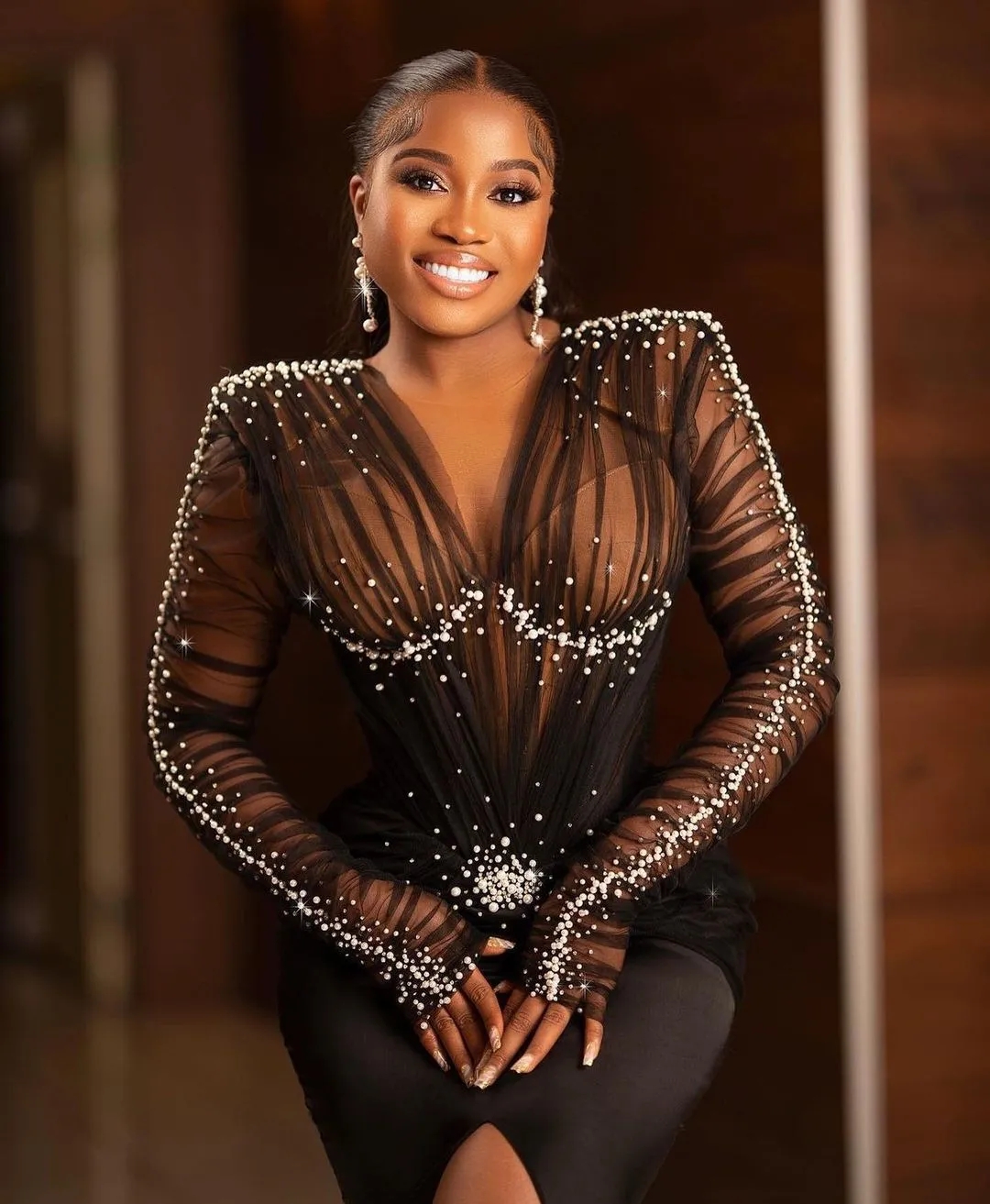 Sexy Black Mermaid Prom Dresses Long Celebrity Pearls Illusion Side Slit Robes De Soiree Formal Evening Birthday Party Gowns Lz0304