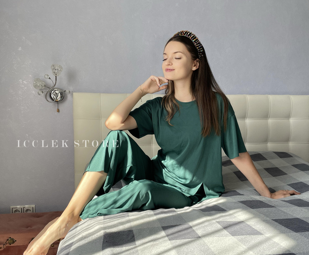 Women's Sleepwear ICCLEK Ladies Ice Silk Pajamas 2 Piece Set Fashion Simple Short-sleeved Home Service Autumn Round Neck Trousers Casual Wear Sui