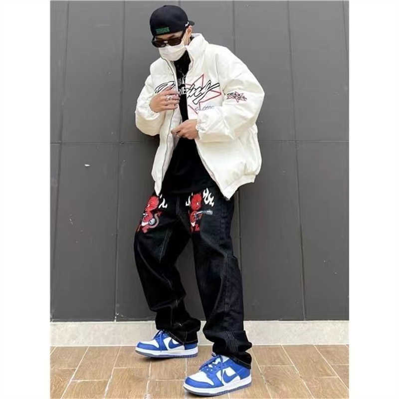 Men's Jeans Y2K Korean Men Women Black Harajuku Cartoon Straight Denim Grunge Trousers Jeans Print Baggy Jean Pants Streetwear Brand Clothes W022