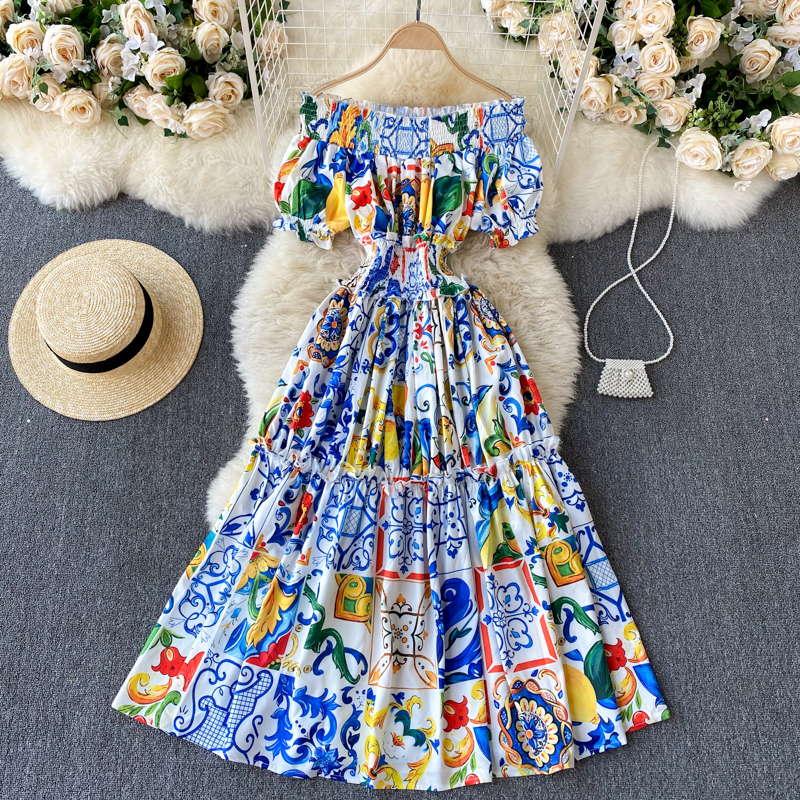 European and American ins fashion dress T Typhoon design sense print one-line collar off-shoulder bubble sleeve slim medium length dress, Blue
European and American ins fashion dress T Typhoon design sense print one-line collar off-shoulder bubble sleeve slim medium length dress, Blue