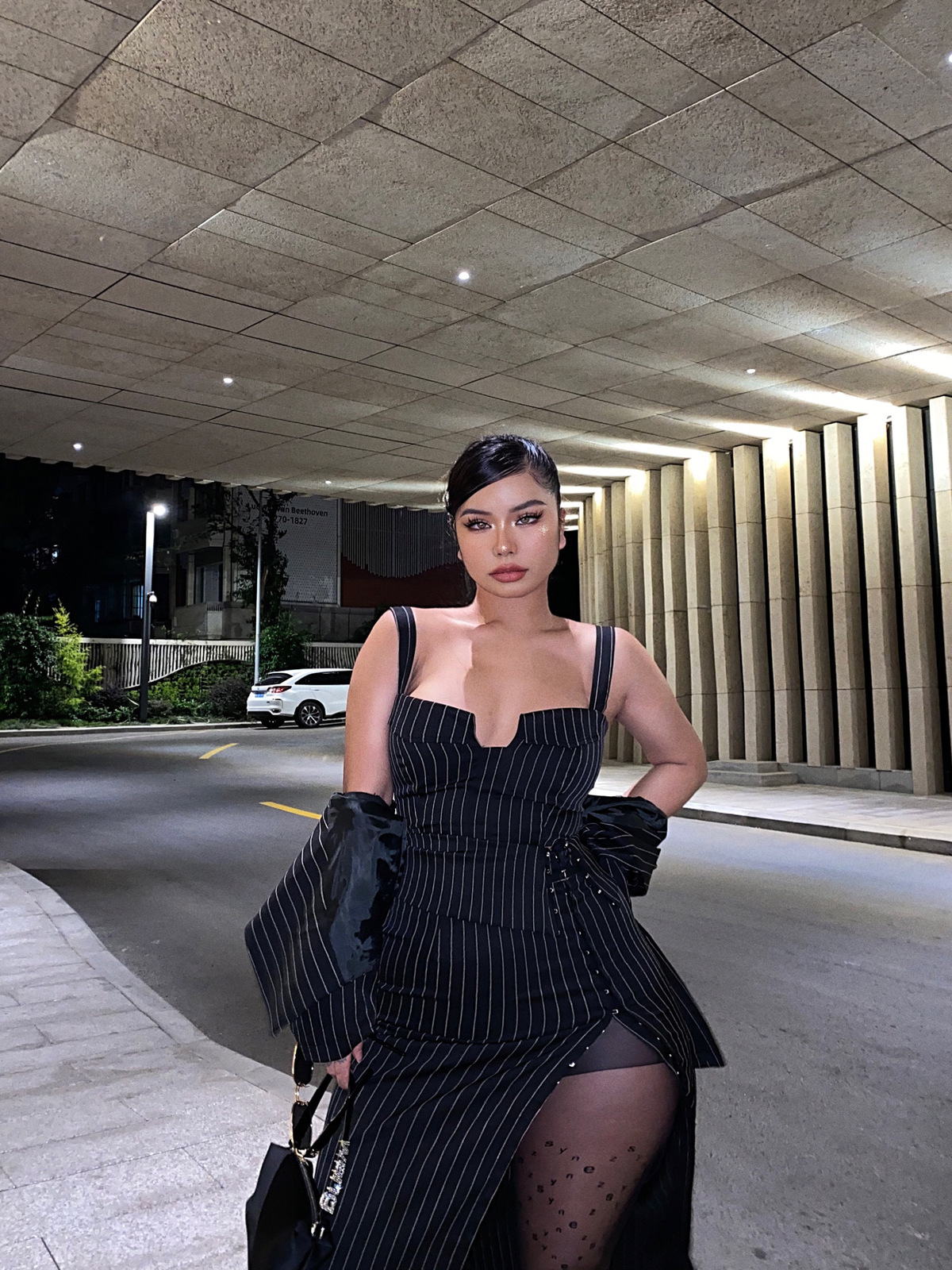 Two Piece Dress European Intellectual Beauty Stripe Sexy Asymmetrical Vest Wrapped Chest Longsleeved Suit Buttoned Skirt Threepiece Set 230222